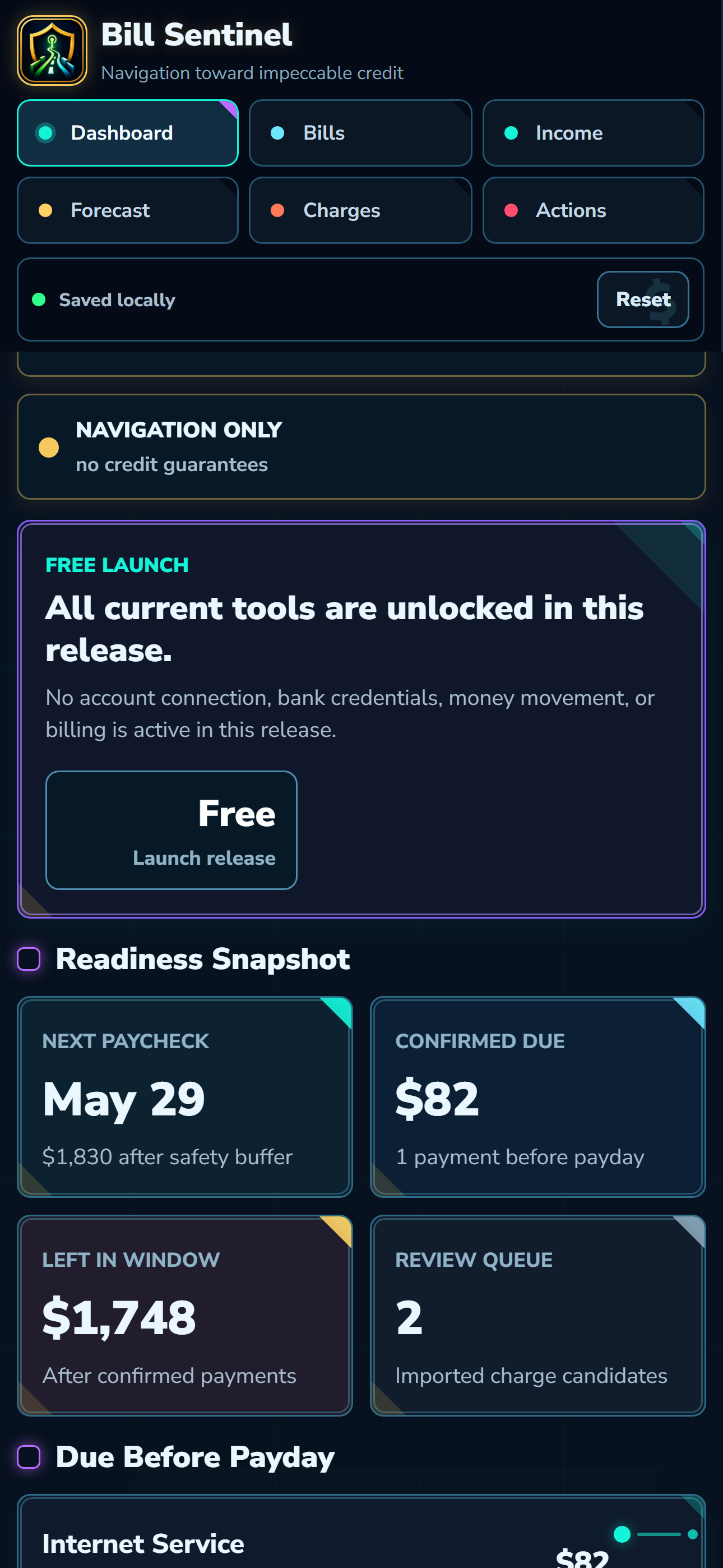 Bill Sentinel free launch dashboard screenshot