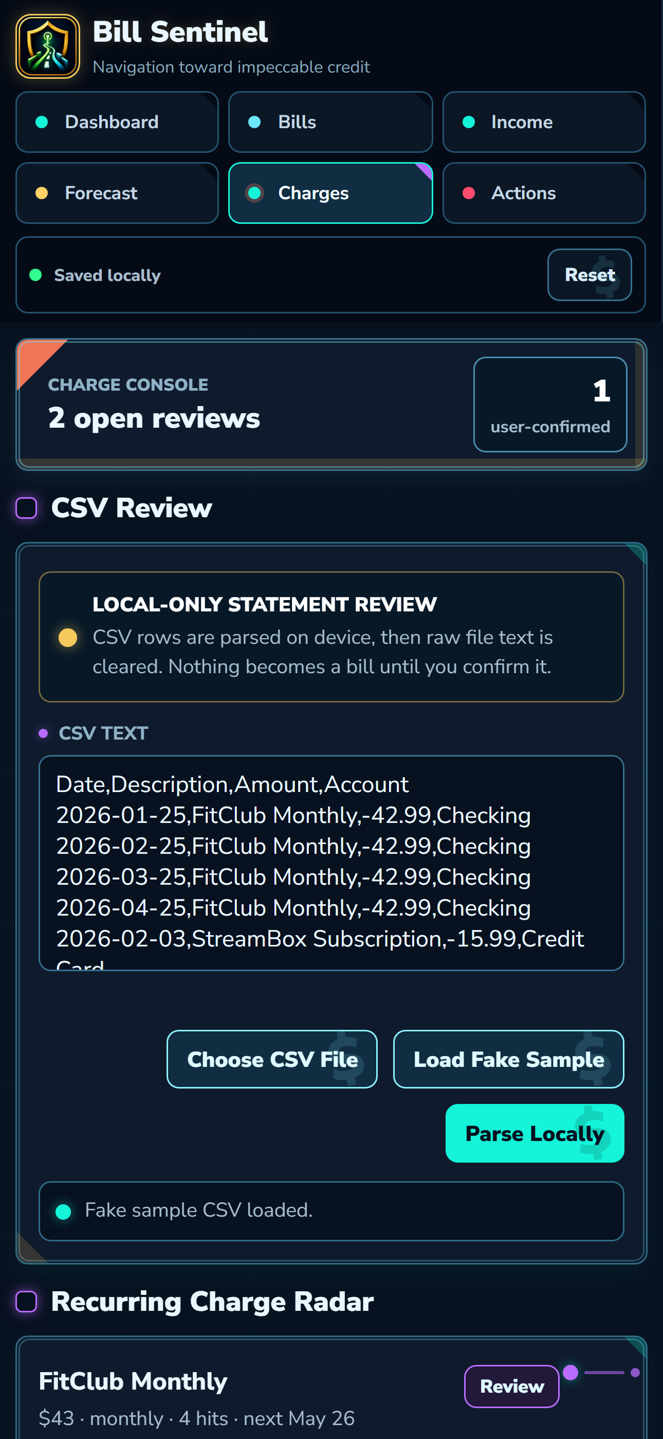 Bill Sentinel CSV charge review screenshot