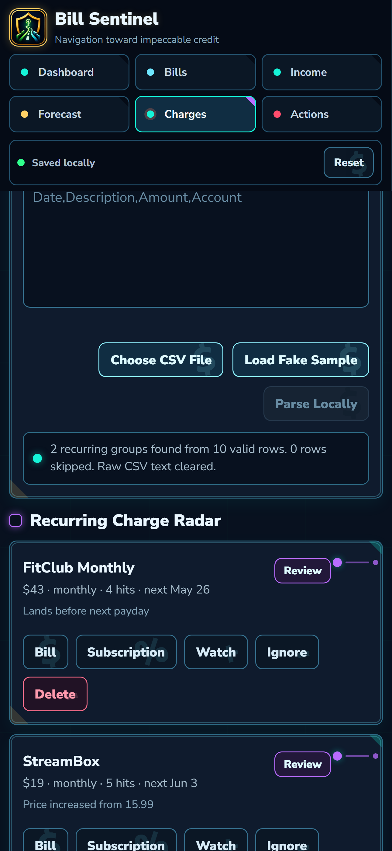 Bill Sentinel recurring charge radar screenshot