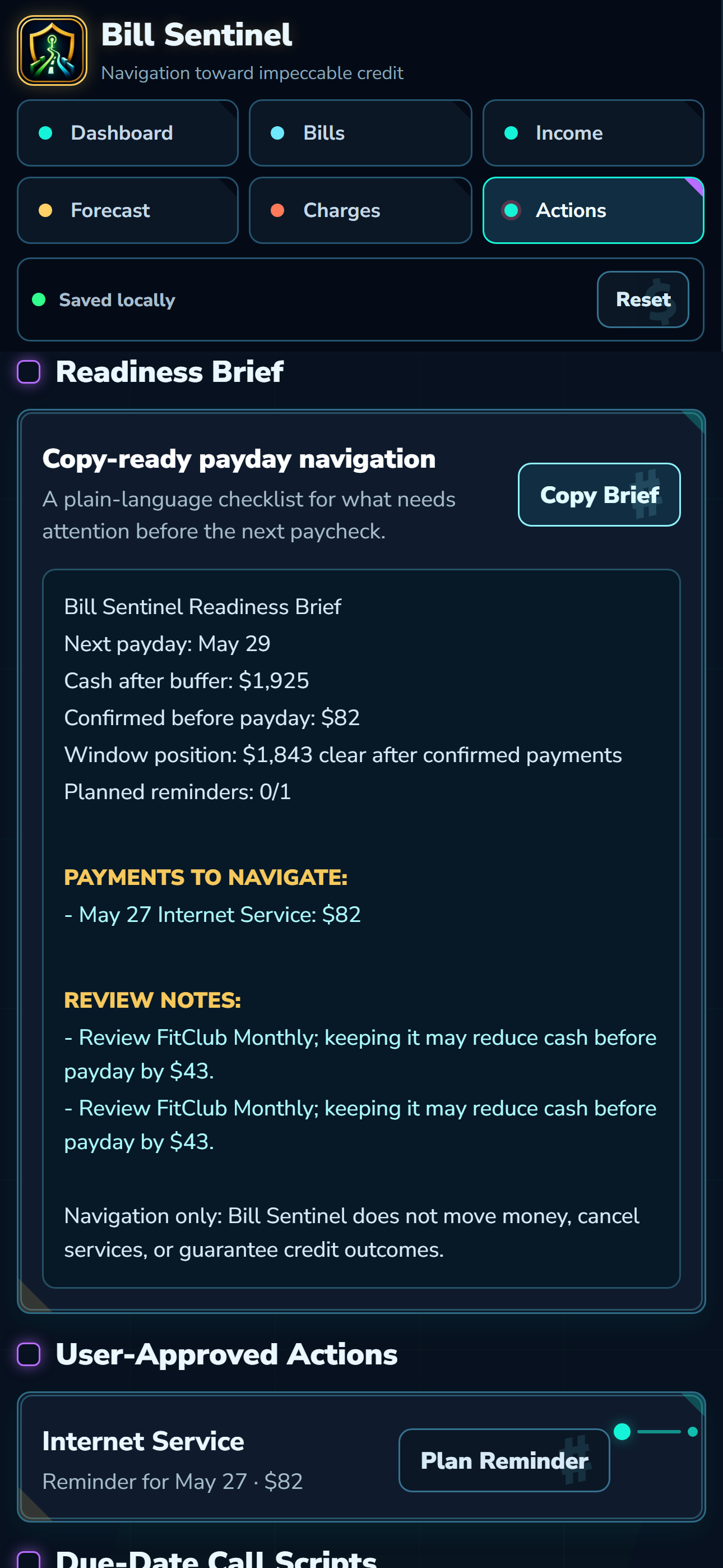Bill Sentinel readiness brief screenshot
