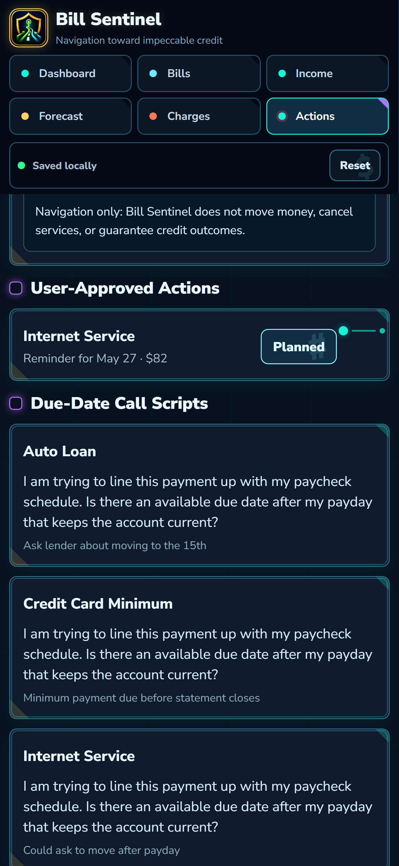Bill Sentinel planned reminders screenshot