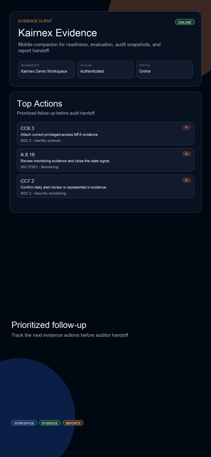 KairnexEvidence next actions screenshot