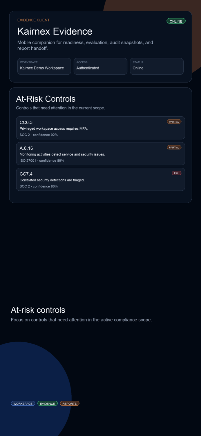KairnexEvidence at risk controls screenshot