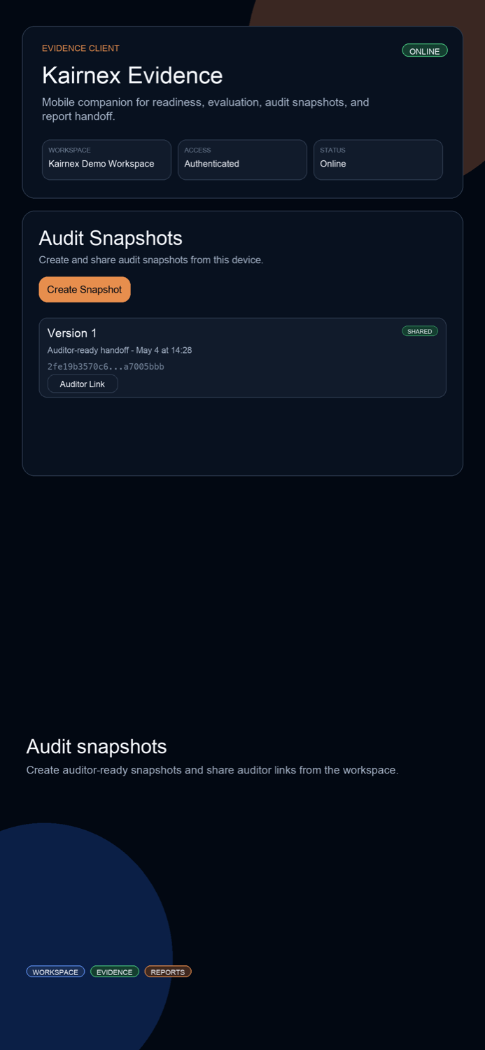 KairnexEvidence audit snapshots screenshot