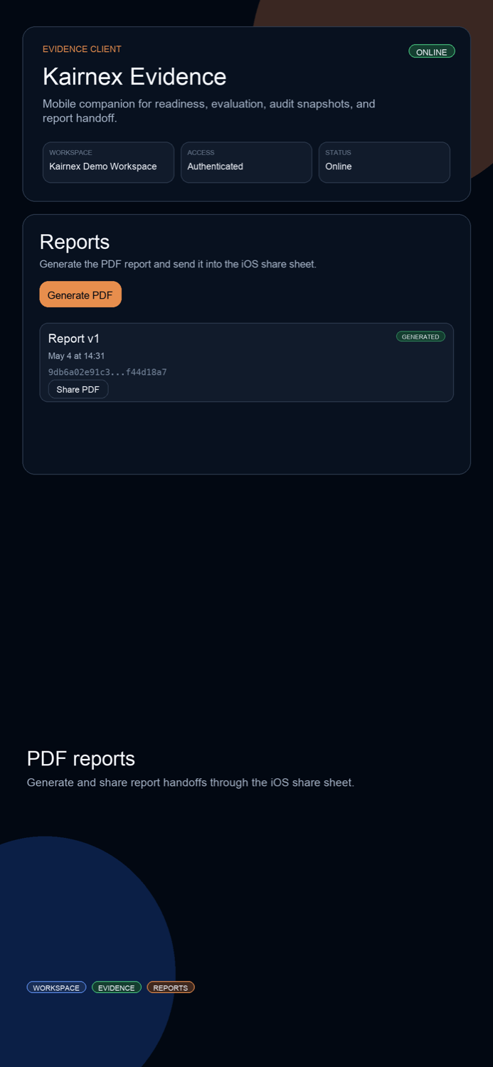 KairnexEvidence reports screenshot