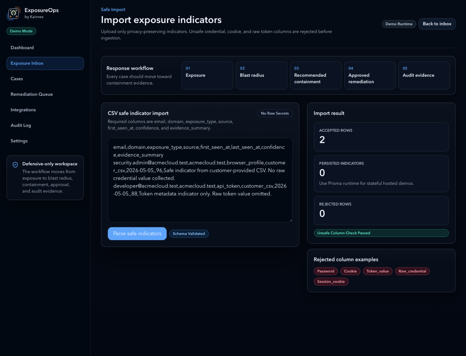 ExposureOps safe CSV import screenshot