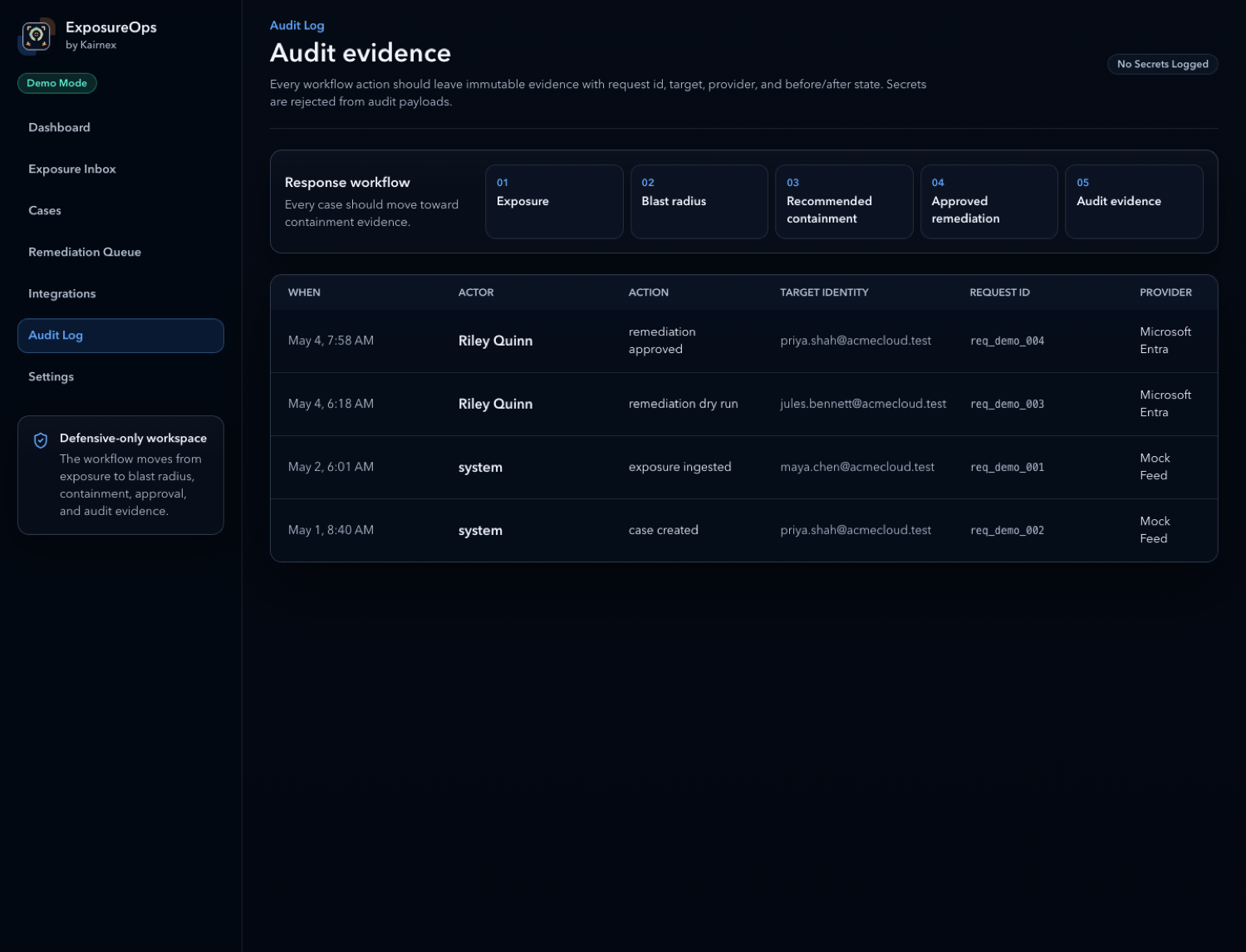 ExposureOps audit evidence screenshot