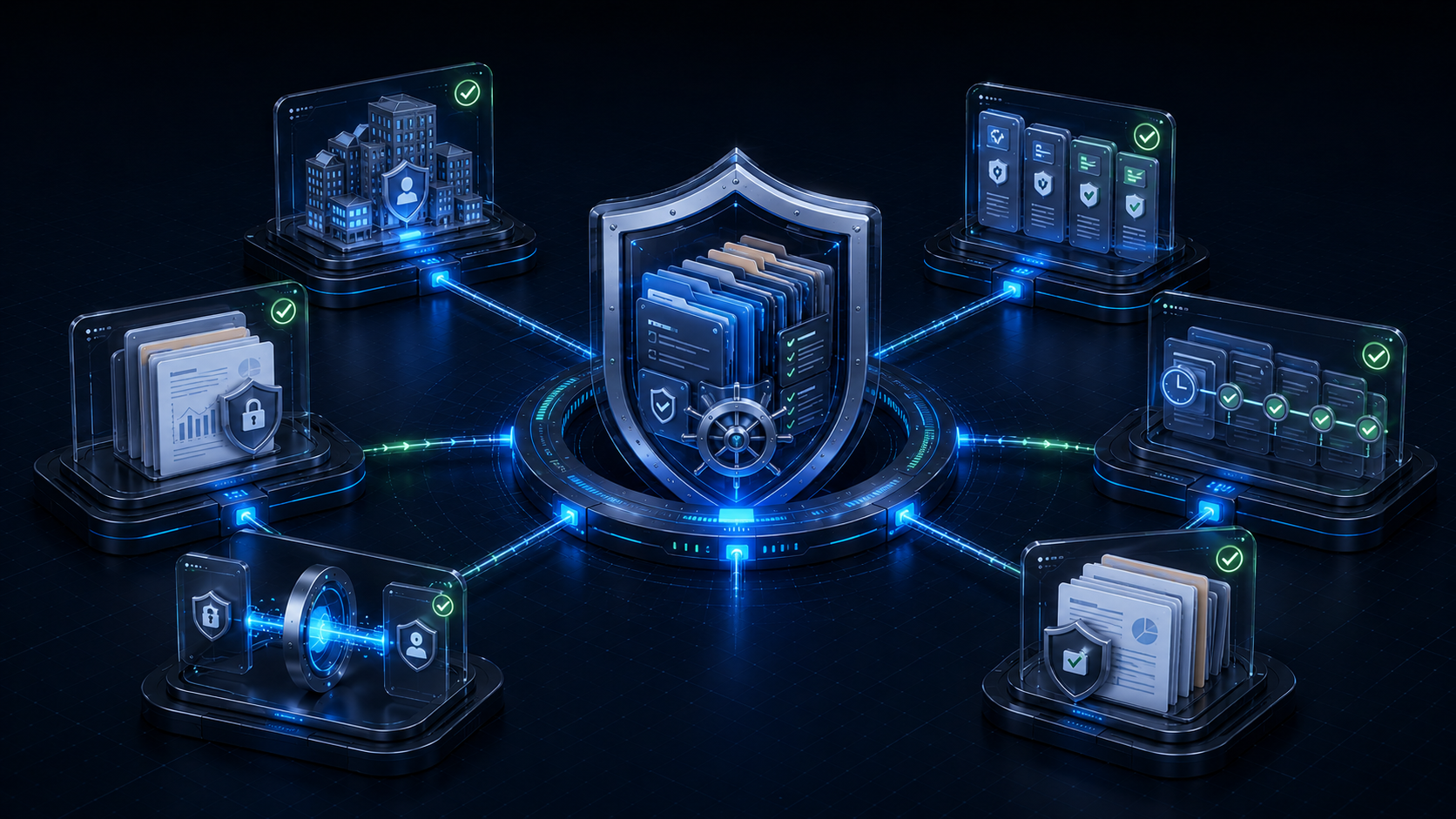 KairnexEvidence system visual showing connected audit evidence modules around a protected evidence vault.
