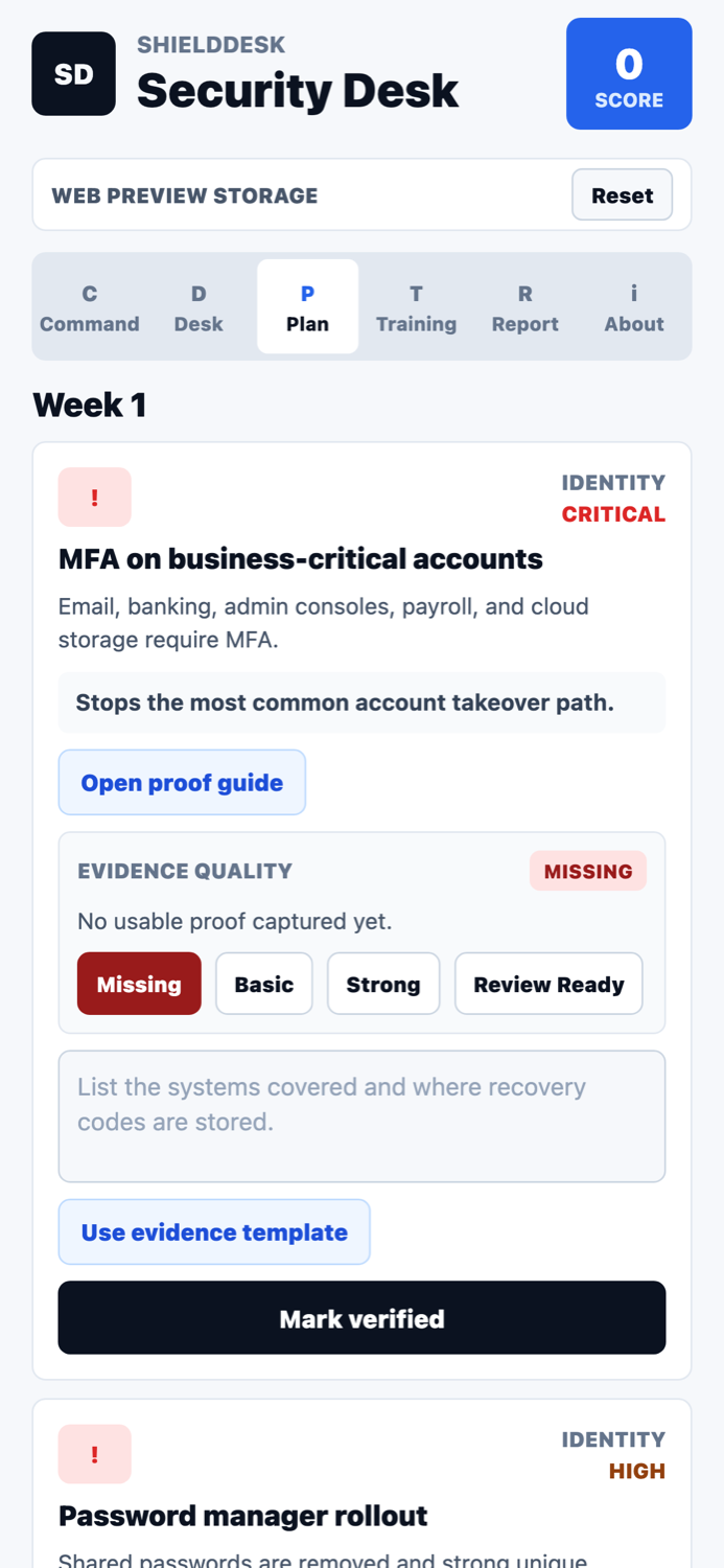 ShieldDesk 30 day hardening plan screenshot