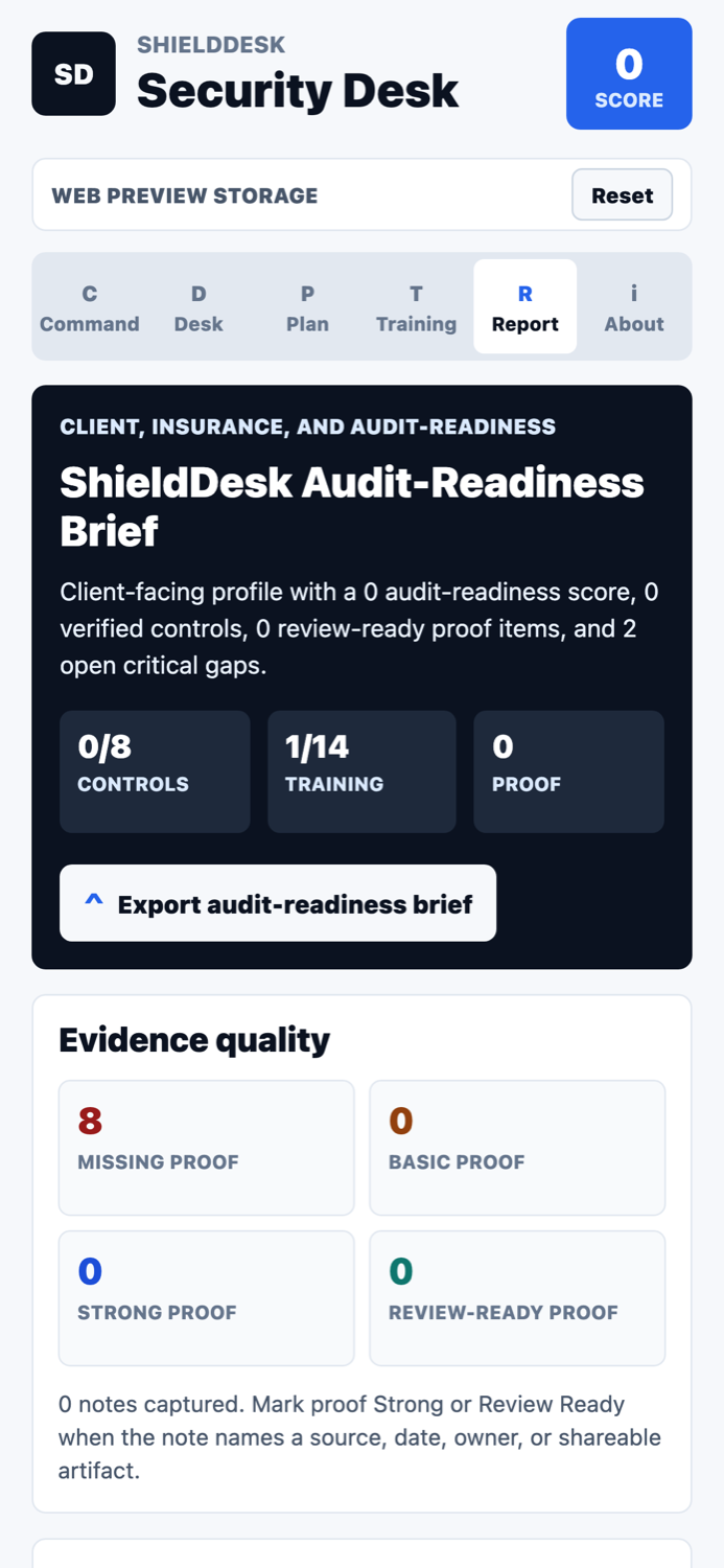 ShieldDesk readiness brief export screenshot